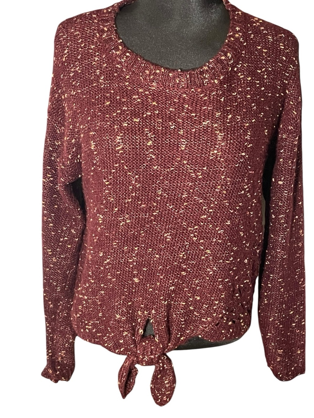 Eyeshadow Burgundy Gold Metallic Marled Sweater Bow Tie-Hem Open Detais Size M